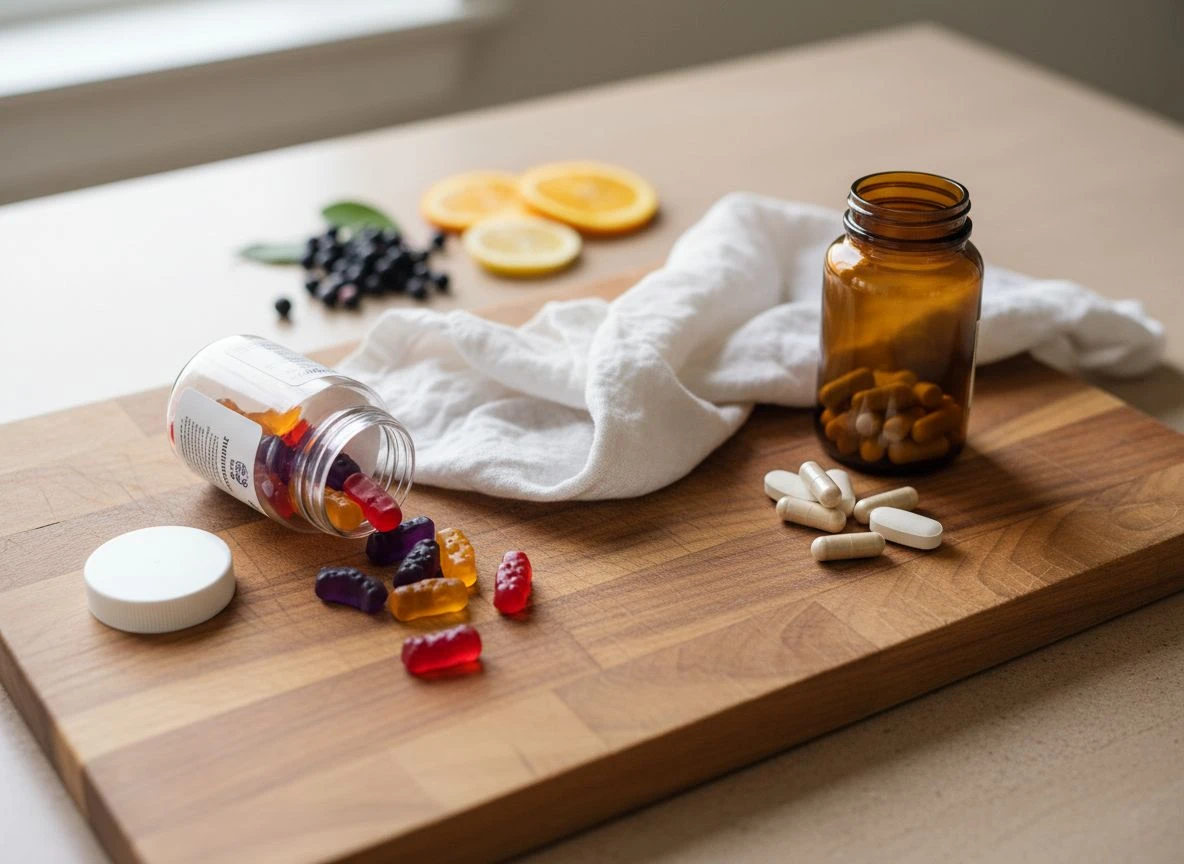 Gummy vitamins and traditional pills compared side-by-side on a wooden cutting board