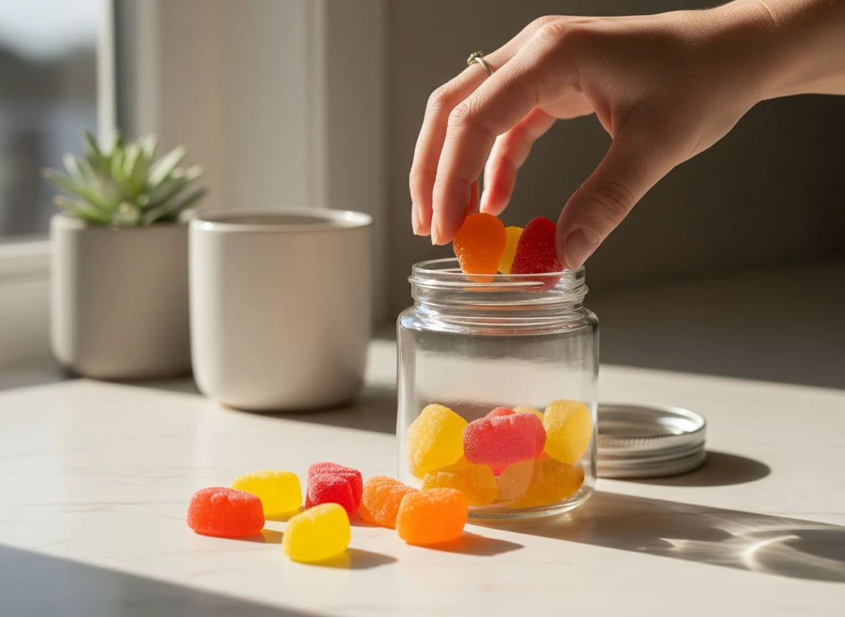 A hand reaching for colorful vitamin gummies from a glass jar on a sunny kitchen counter