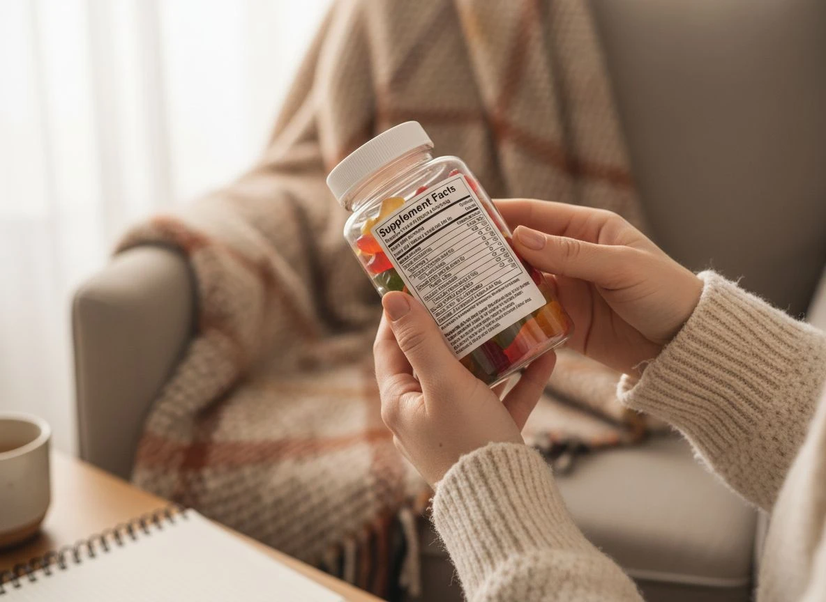 Hands holding a bottle of gummy vitamins and closely reading the supplement facts label