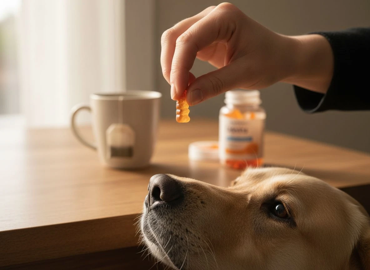 A person's hand holding a vitamin gummy near a curious dog's nose on a kitchen table, illustrating a risky moment.