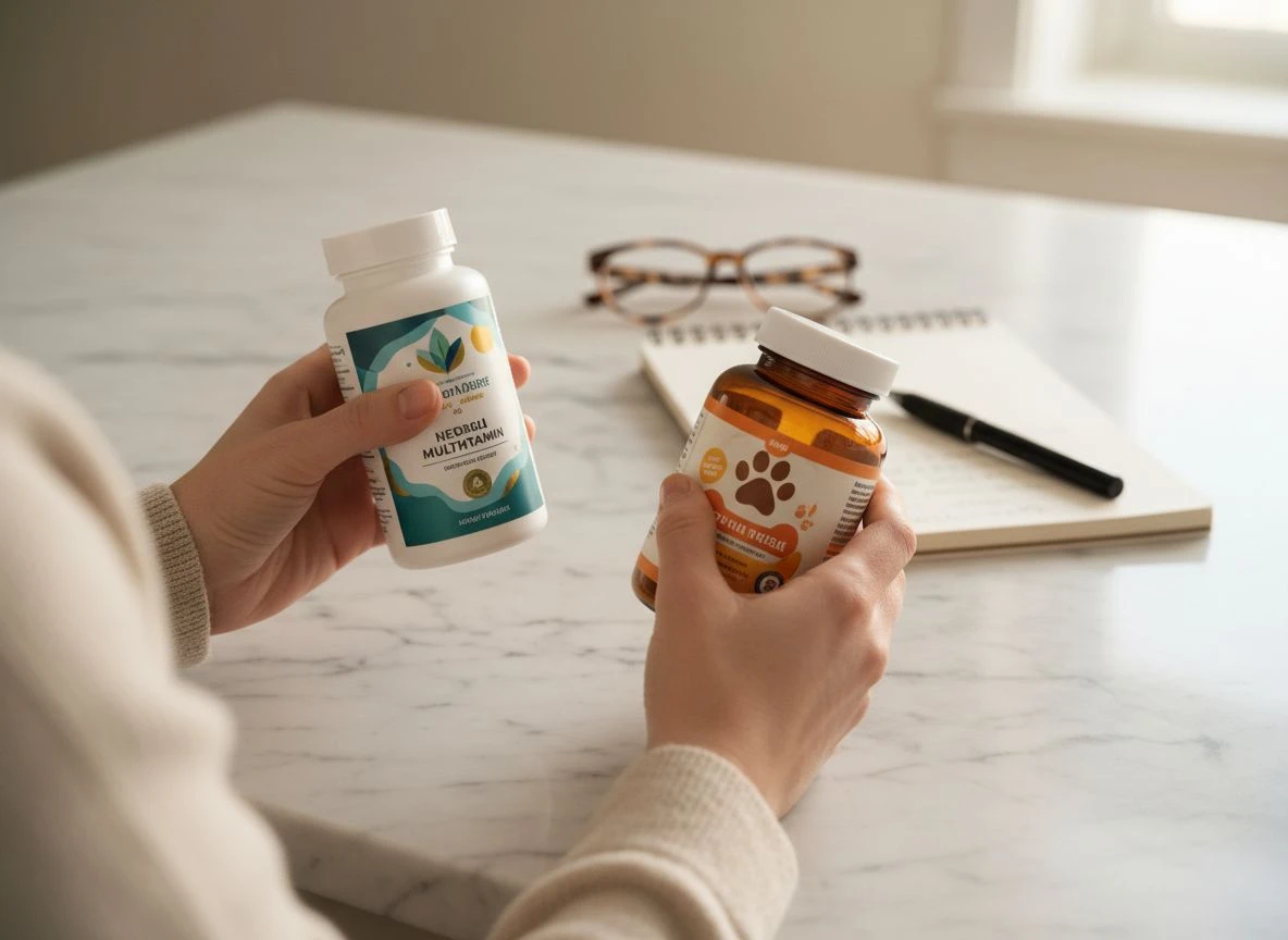 A person's hands comparing a human vitamin bottle and a dog supplement bottle on a marble countertop.