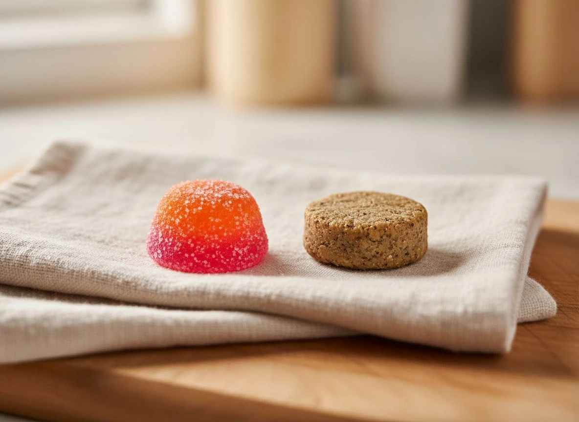 Close-up comparison of a vibrant human vitamin gummy and a natural-looking pet supplement chew on a linen napkin.