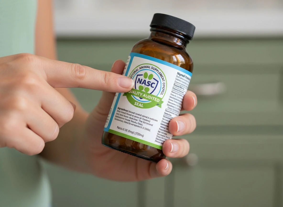 Close-up of a person's hands holding a pet supplement bottle, highlighting the NASC Quality Seal on the label.