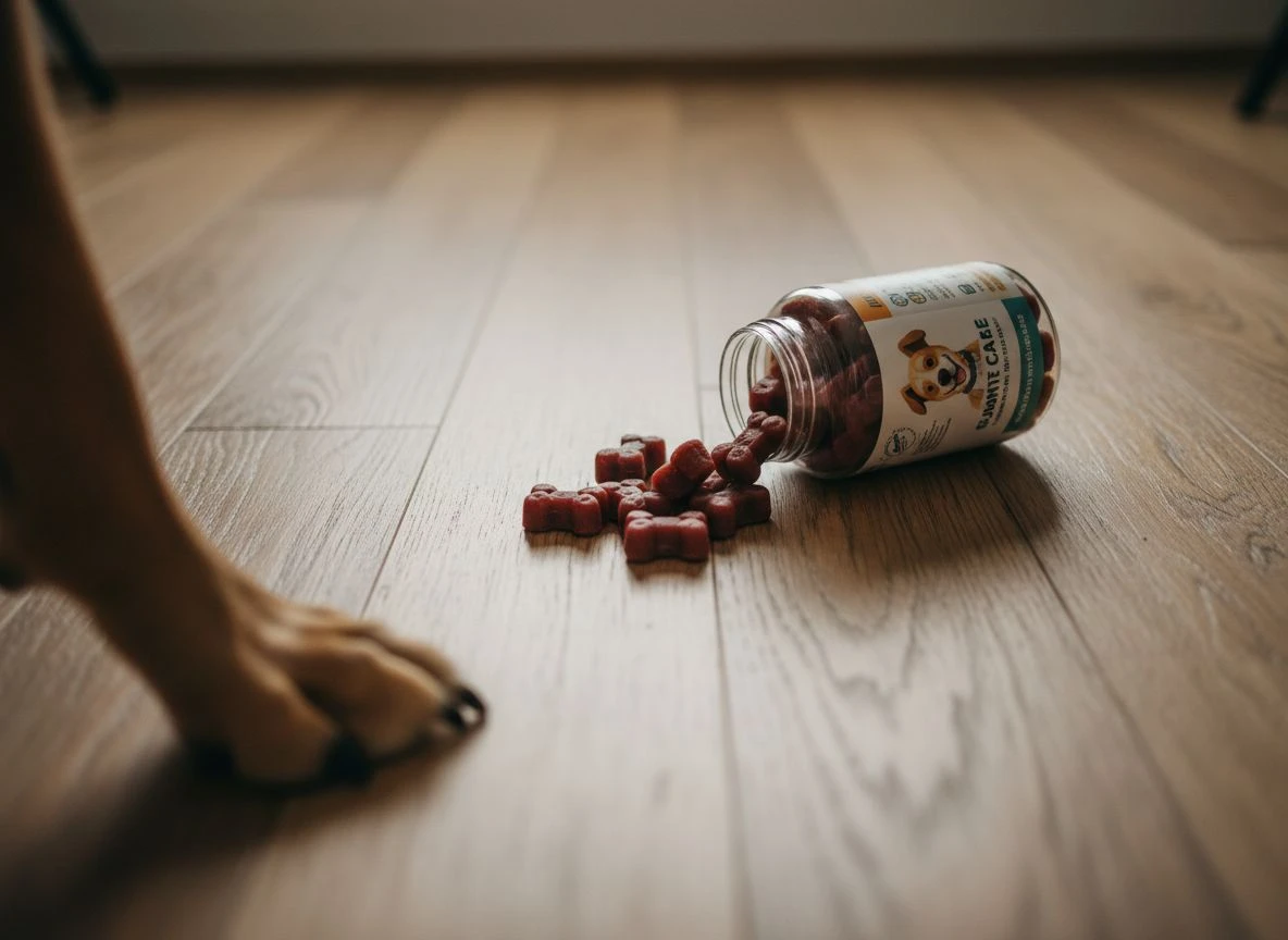 A spilled bottle of pet gummies on a wooden floor with a dog's paw stepping nearby, illustrating overdose risk.