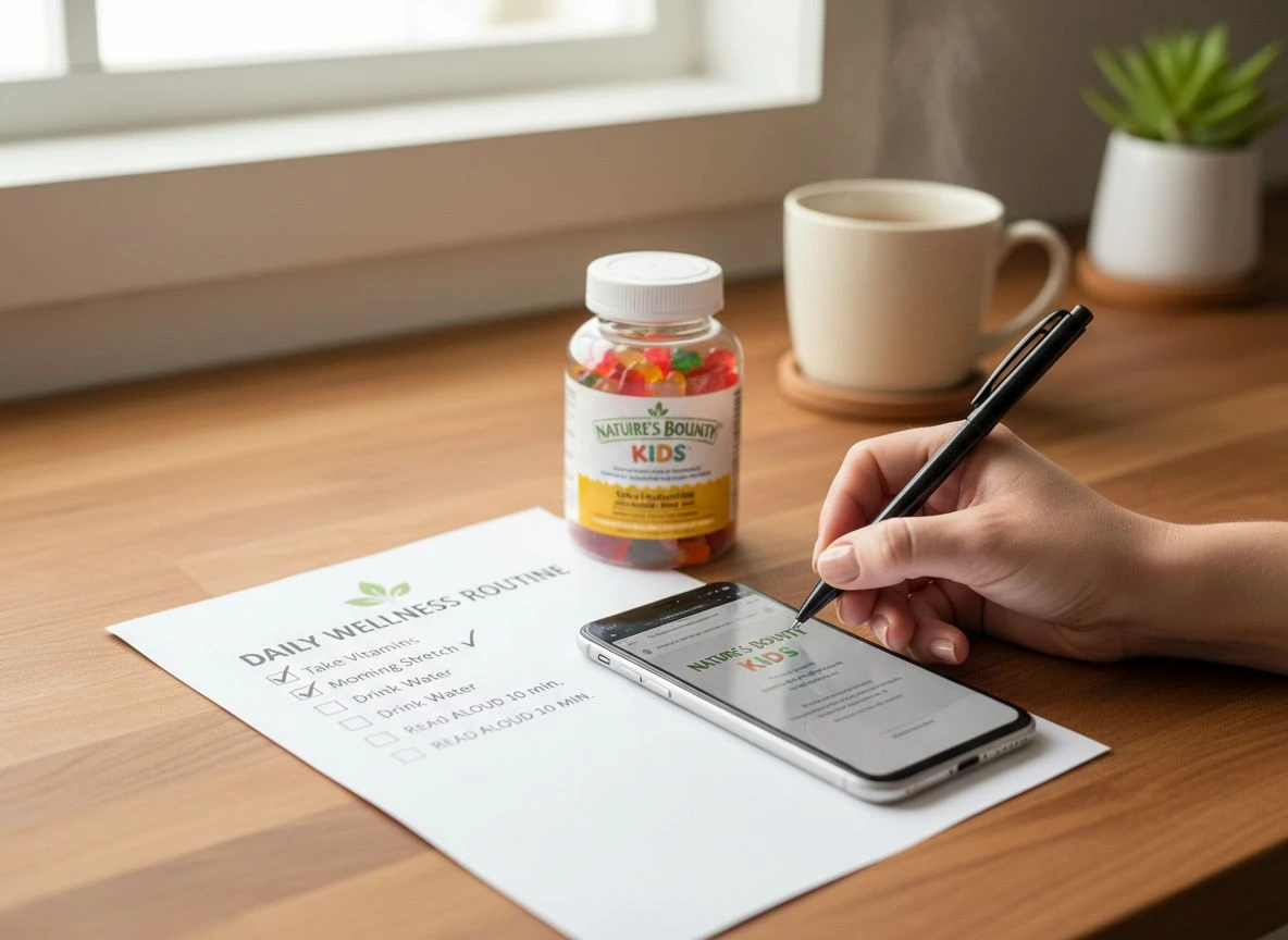 A printed allergy-safe checklist, a gummy vitamin bottle, and a phone on a kitchen table, showing the research process.