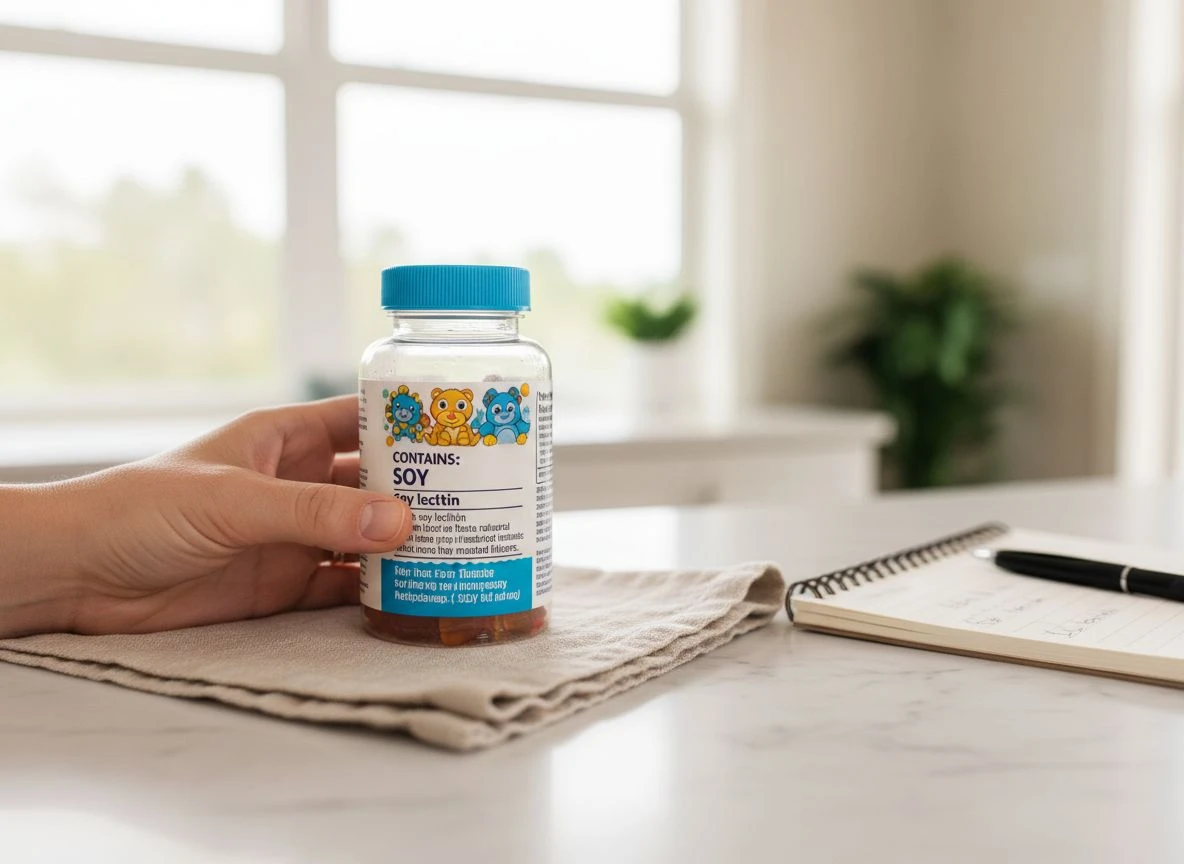 Close-up of a gummy vitamin bottle label showing a Contains statement for soy and a detailed ingredient list.