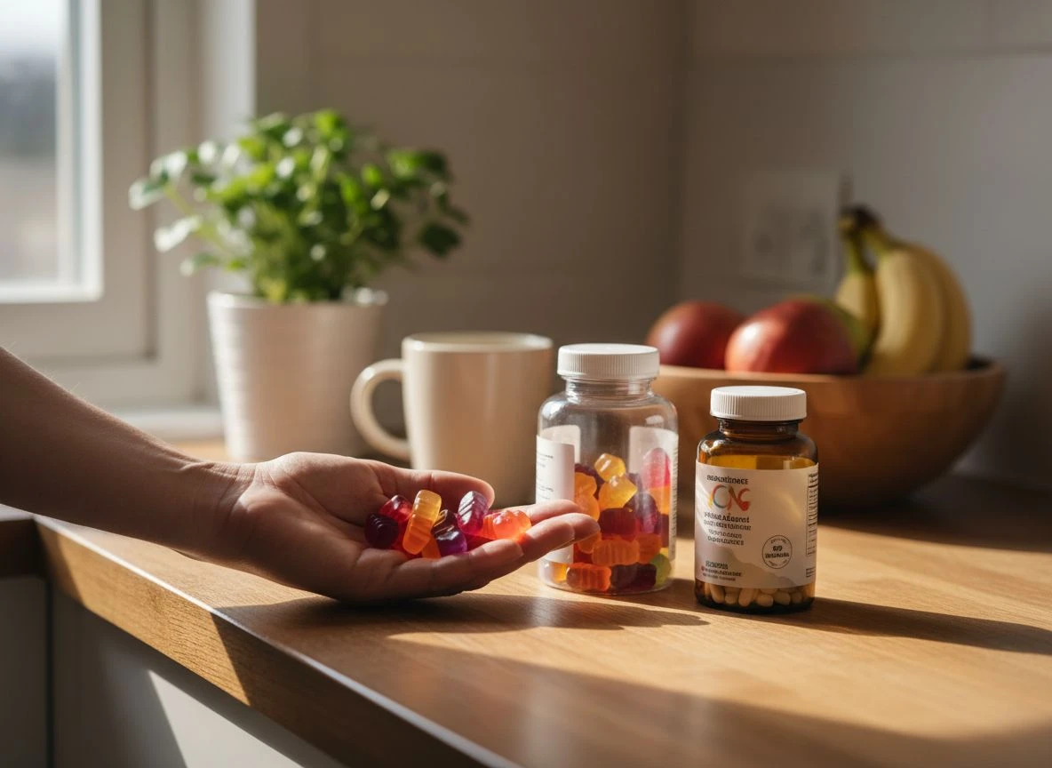 A hand holding colorful gummy vitamins next to bottles of gummy and pill vitamins on a warm wooden kitchen counter.