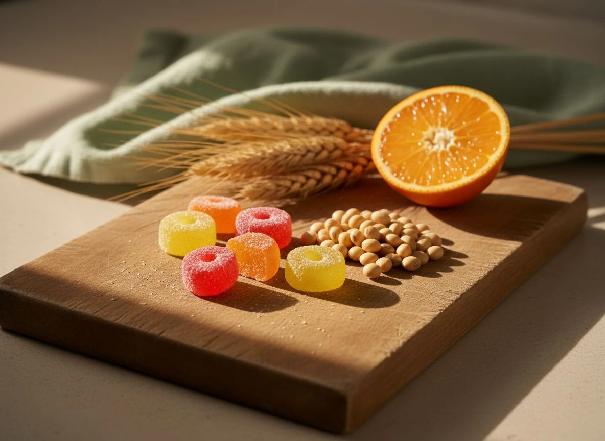 Gummy vitamins cut in half alongside whole soybeans, citrus, and wheat, illustrating common hidden allergen sources.