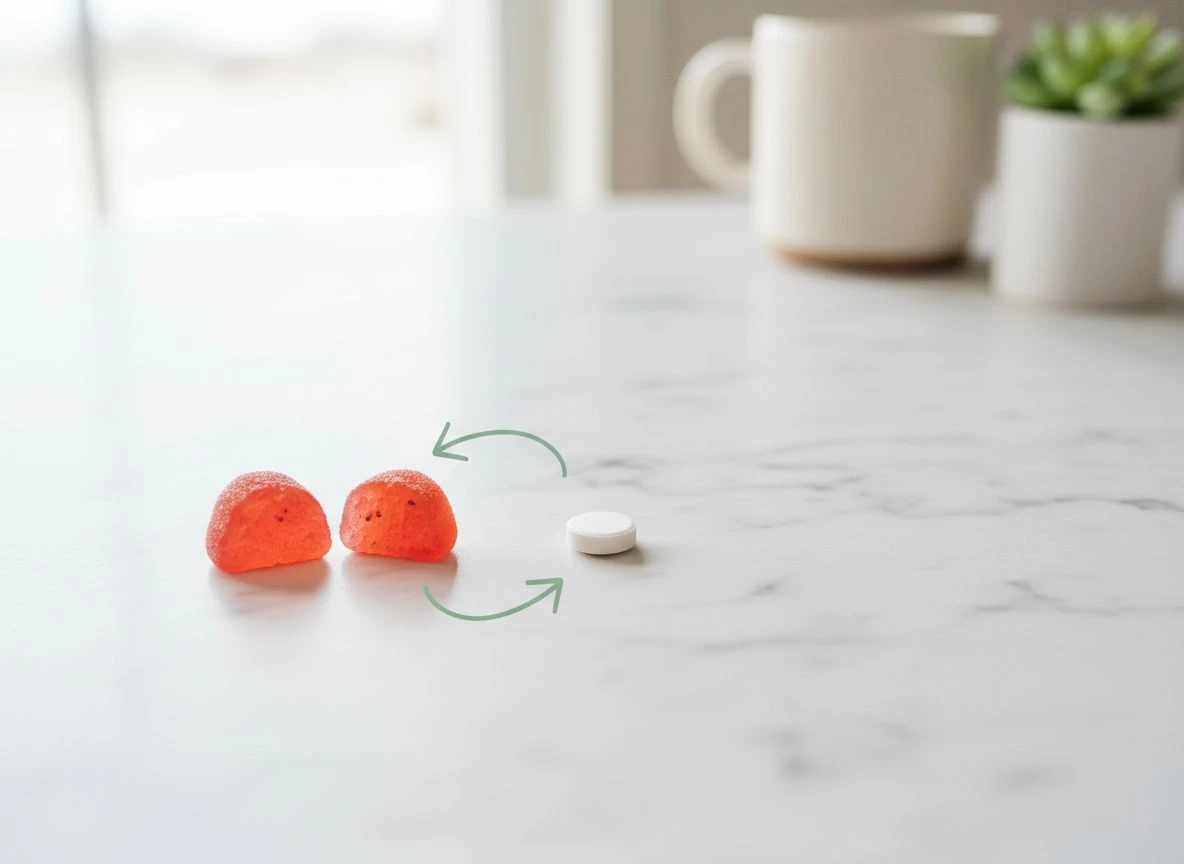 A thyroid pill and multivitamin gummies on marble with arrows showing absorption competition.