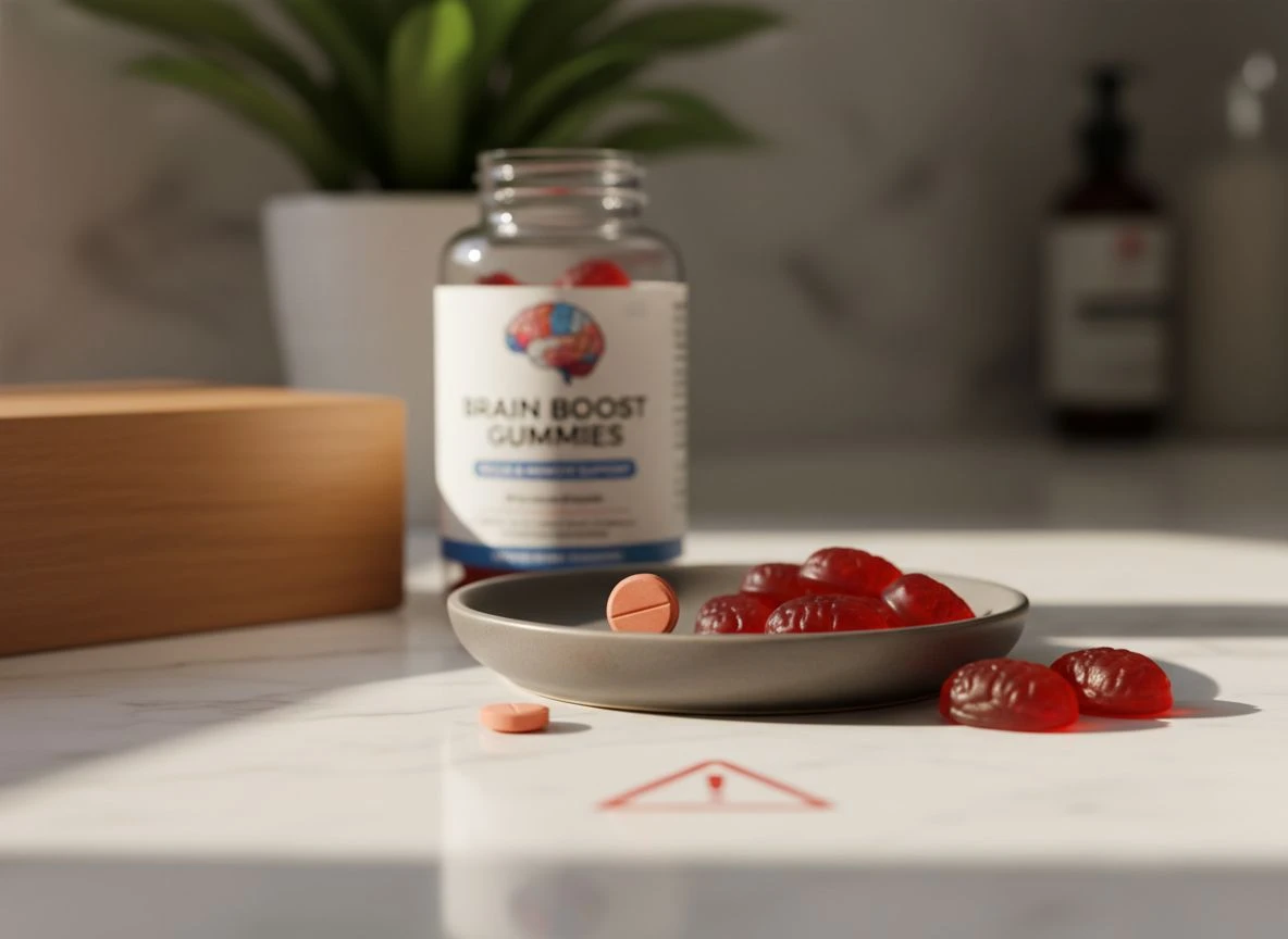 A blood thinner pill and brain health gummies with a subtle caution symbol, representing interaction risk.