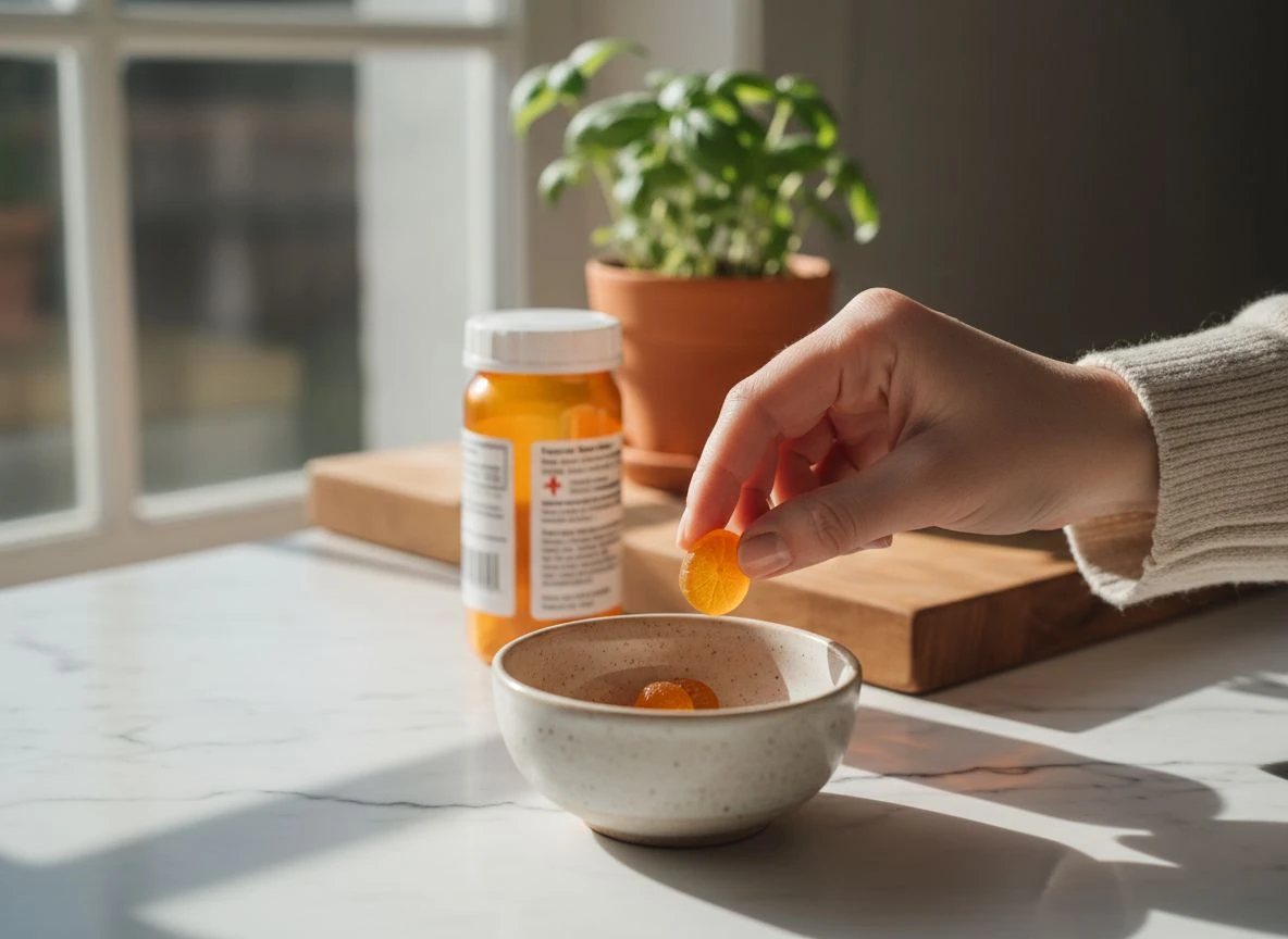 A hand reaching for a gummy vitamin with a prescription bottle in the background on a marble kitchen counter.