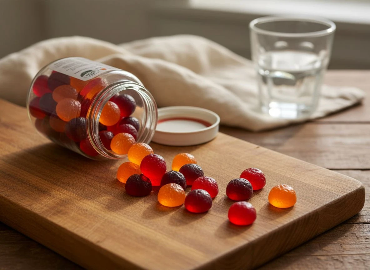 Colorful gummy vitamins spilled from a jar onto a wooden cutting board, illustrating the risk of overconsumption.
