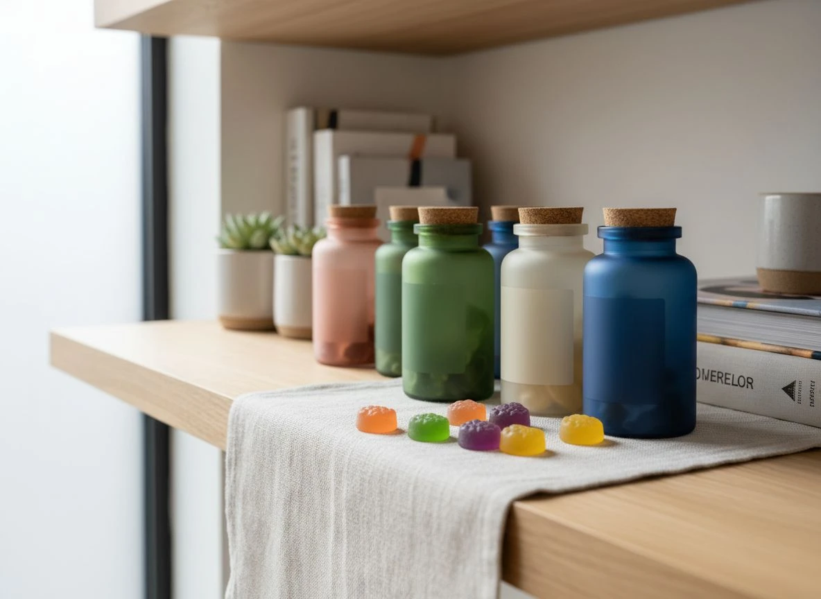 Collection of adult gummy vitamin bottles displayed on a wooden shelf with spilled gummies.