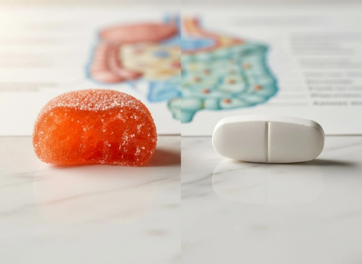 Close-up comparison of a gummy vitamin cut open and a traditional pill on a marble surface.