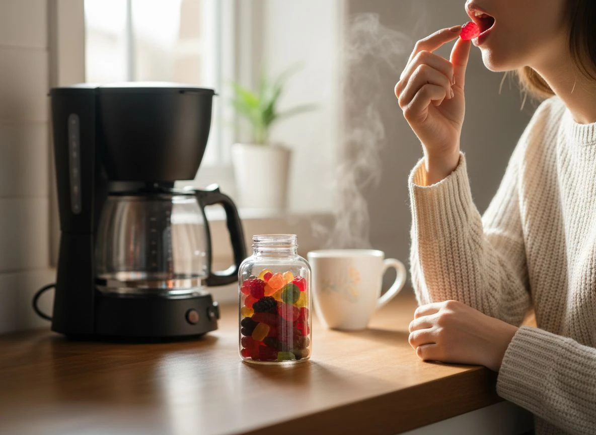 Gummy vitamin bottle positioned next to a coffee maker with a hand taking a gummy.