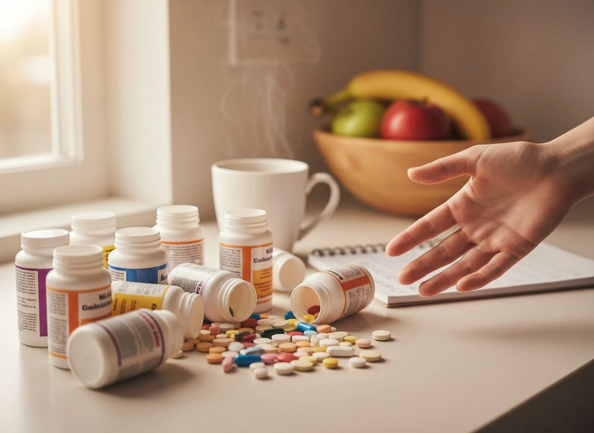 Cluttered pill bottles and vitamins on a kitchen counter illustrating the cognitive overload of pill fatigue.