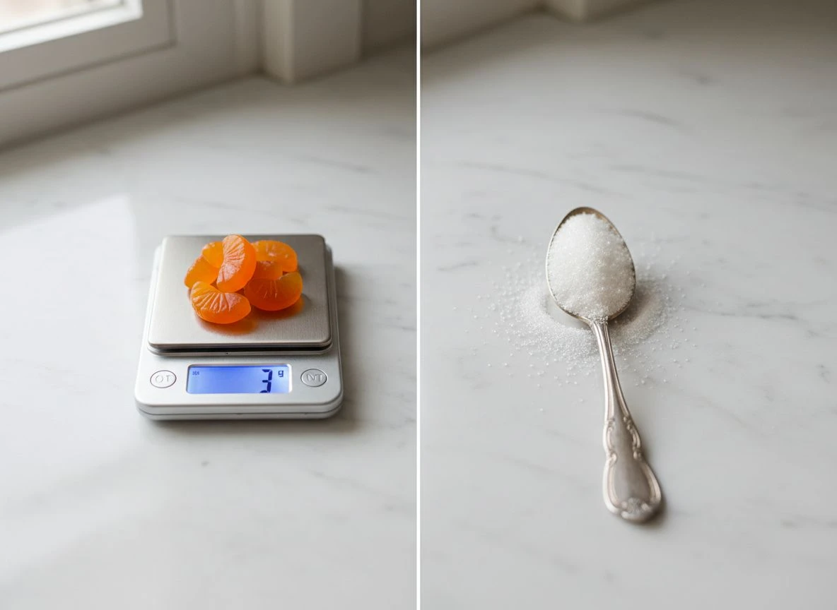 A visual comparison of gummy vitamins and a teaspoon of sugar on a scale on a marble counter.