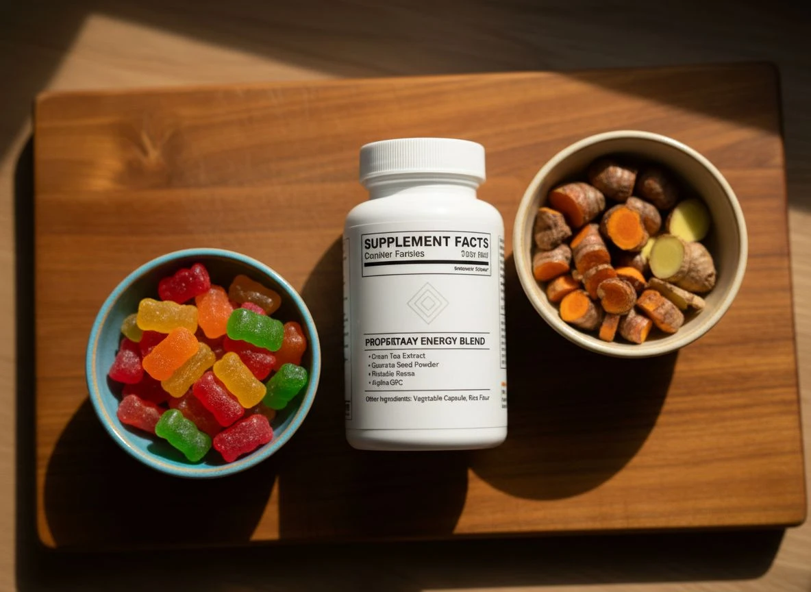 Close-up of a supplement bottle with a proprietary blend label next to bowls of gummies and raw ingredients.