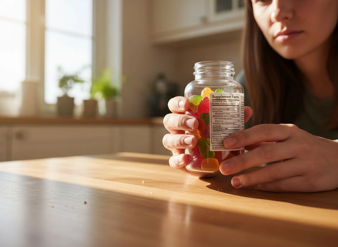 A person's hands closely examining the supplement facts label on a bottle of gummy vitamins in a sunny kitchen.