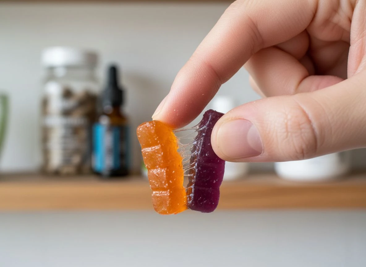 Close-up of a person's fingers separating two sticky, fused-together gummy vitamins.