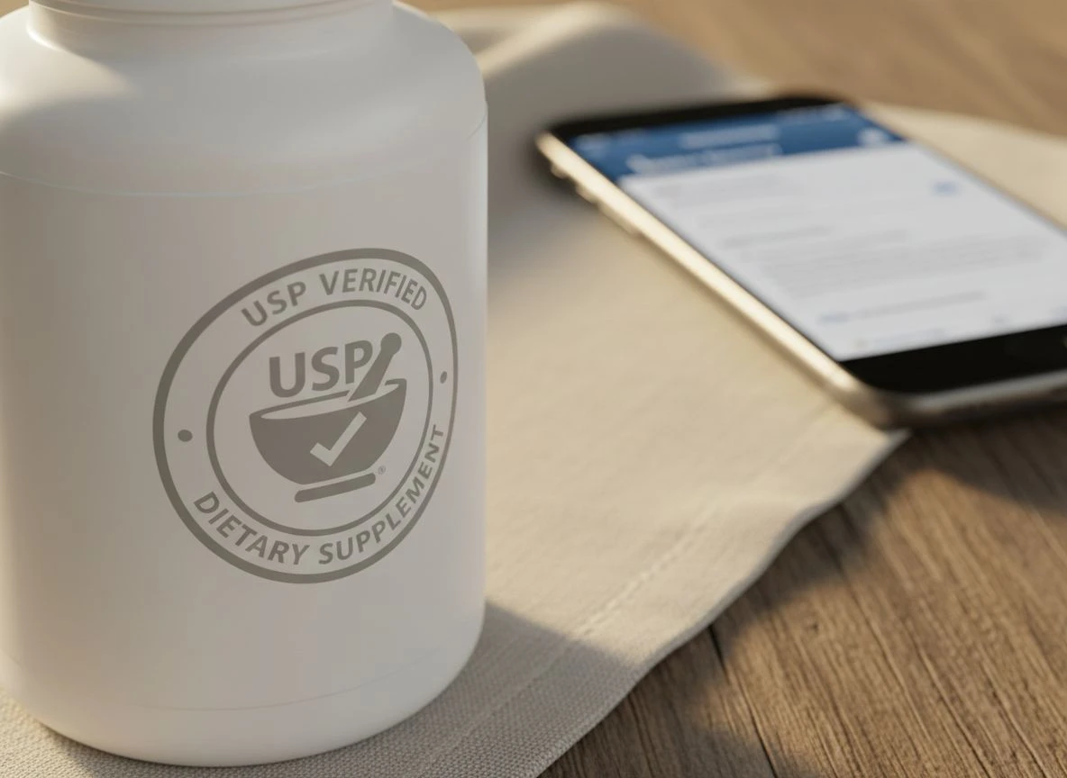 Close-up of a USP Verified seal on a supplement bottle with a verification website on a phone in the background.