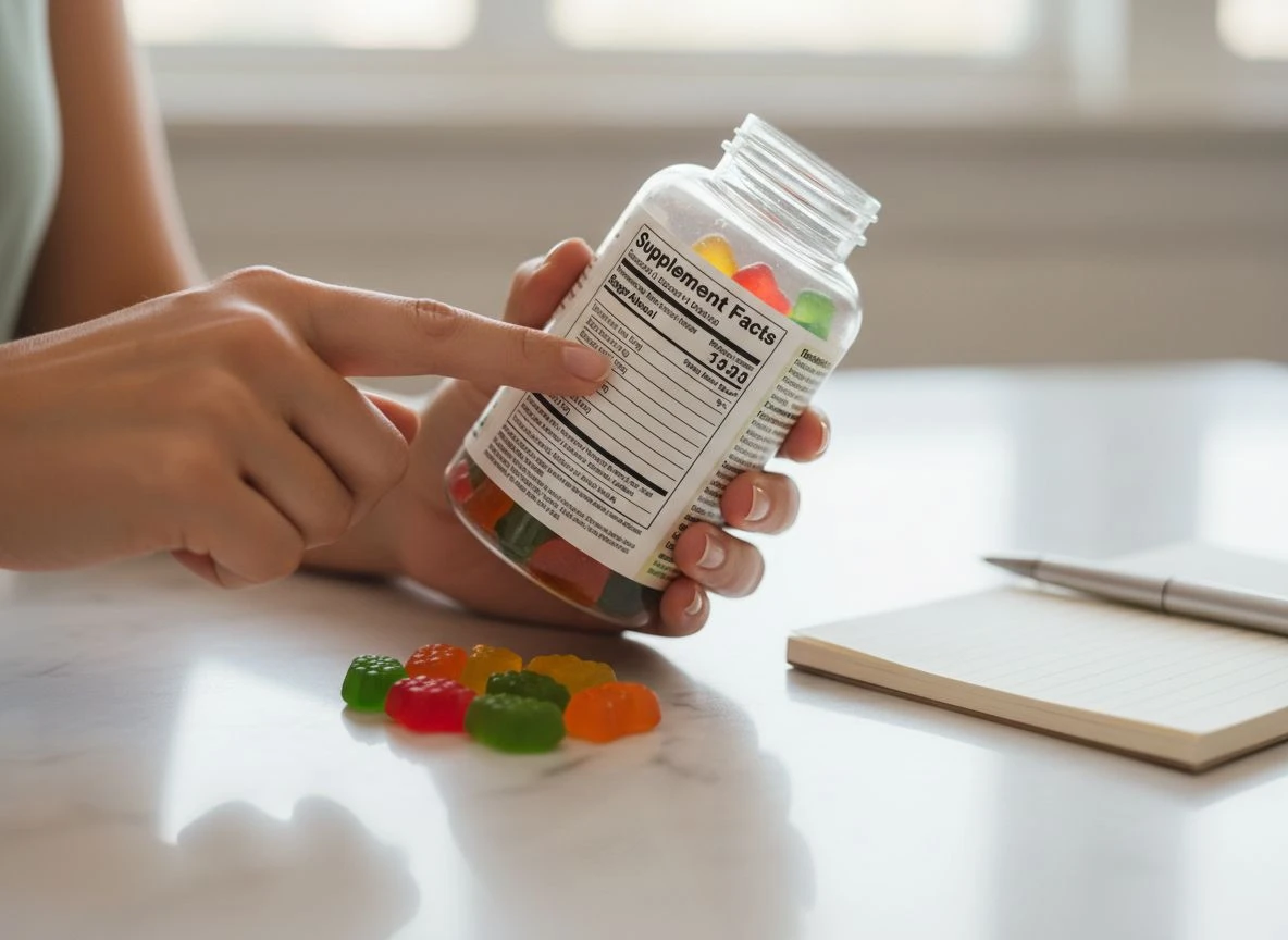 A person's hands closely examining the sugar alcohol content on the label of a gummy vitamin bottle on a kitchen counter.