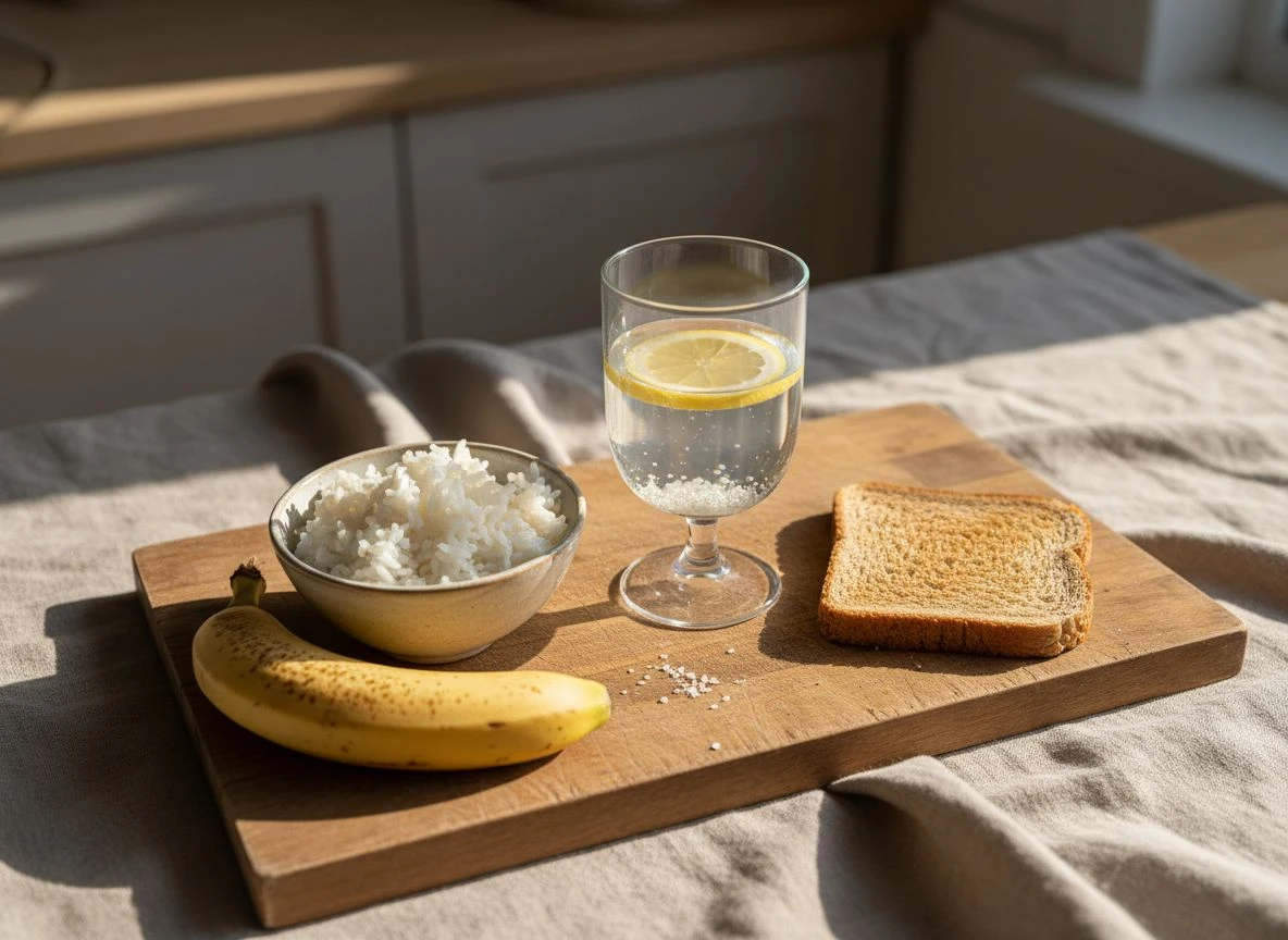 A comforting arrangement of recovery foods and drinks like rice, banana, toast, and electrolyte water on a wooden board.