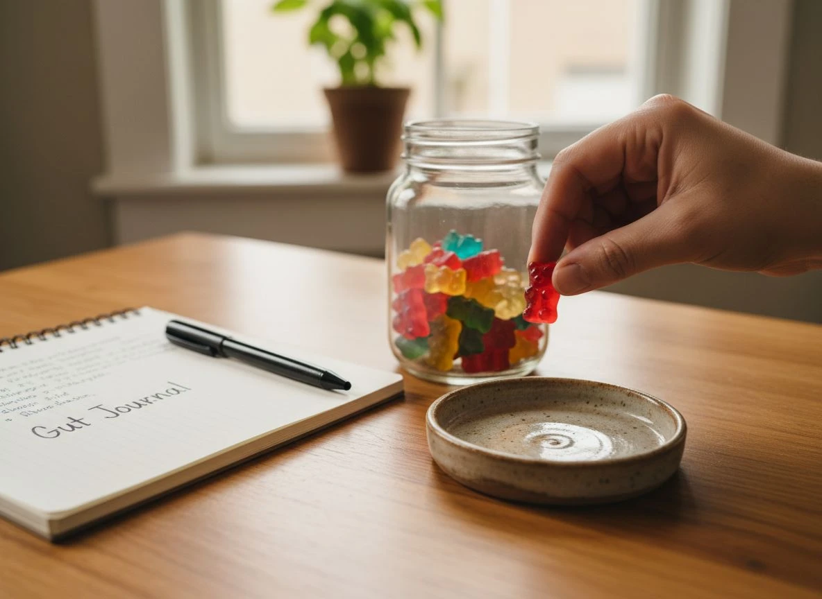 A hand carefully taking one single gummy from a jar for a personal tolerance test, with a gut journal notebook nearby.