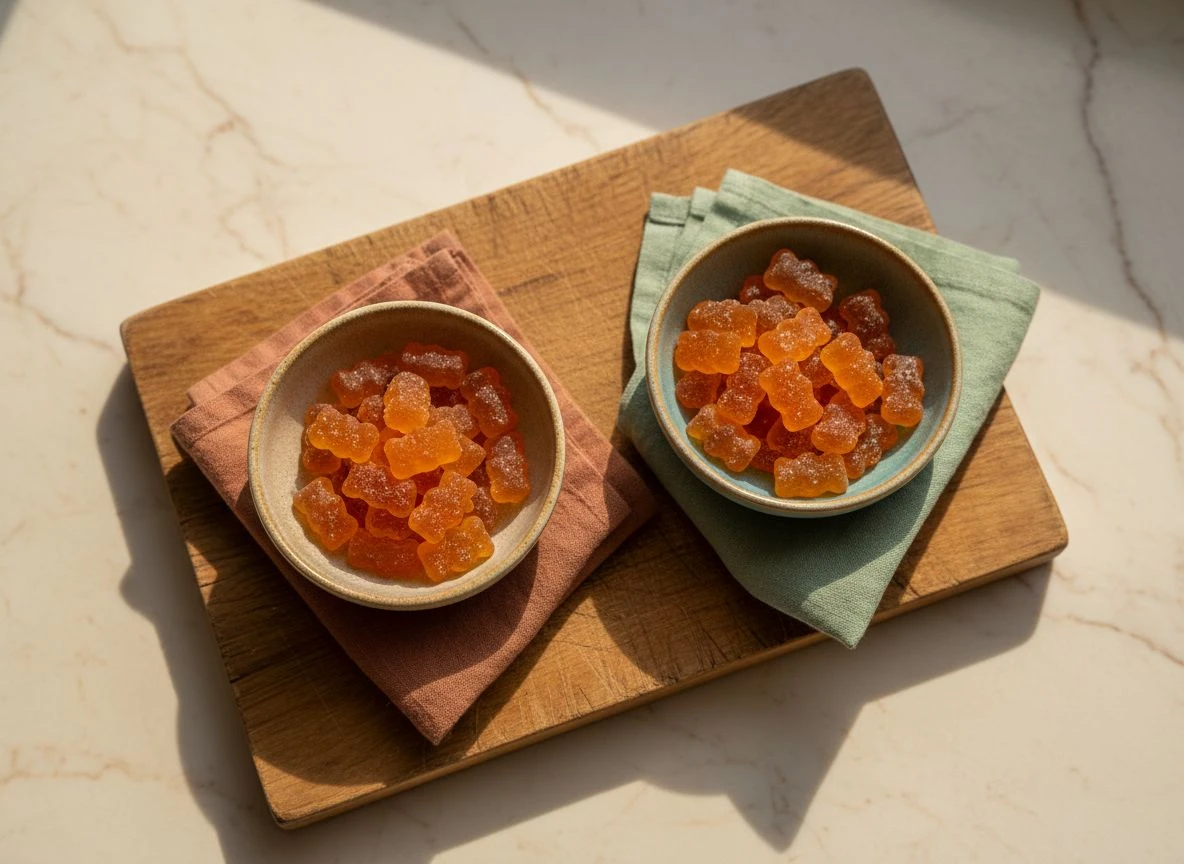 Two bowls of gummies on a wooden board with colored cloths underneath, visually comparing high-risk and better-tolerated sugar alcohol options.