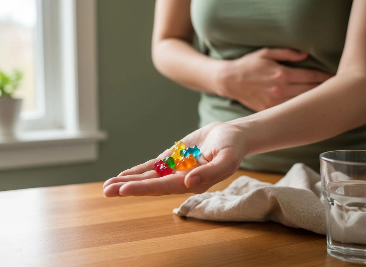 A hand holds sugar-free gummy bears while another hand rests on a stomach, illustrating potential digestive discomfort in a warm kitchen setting.