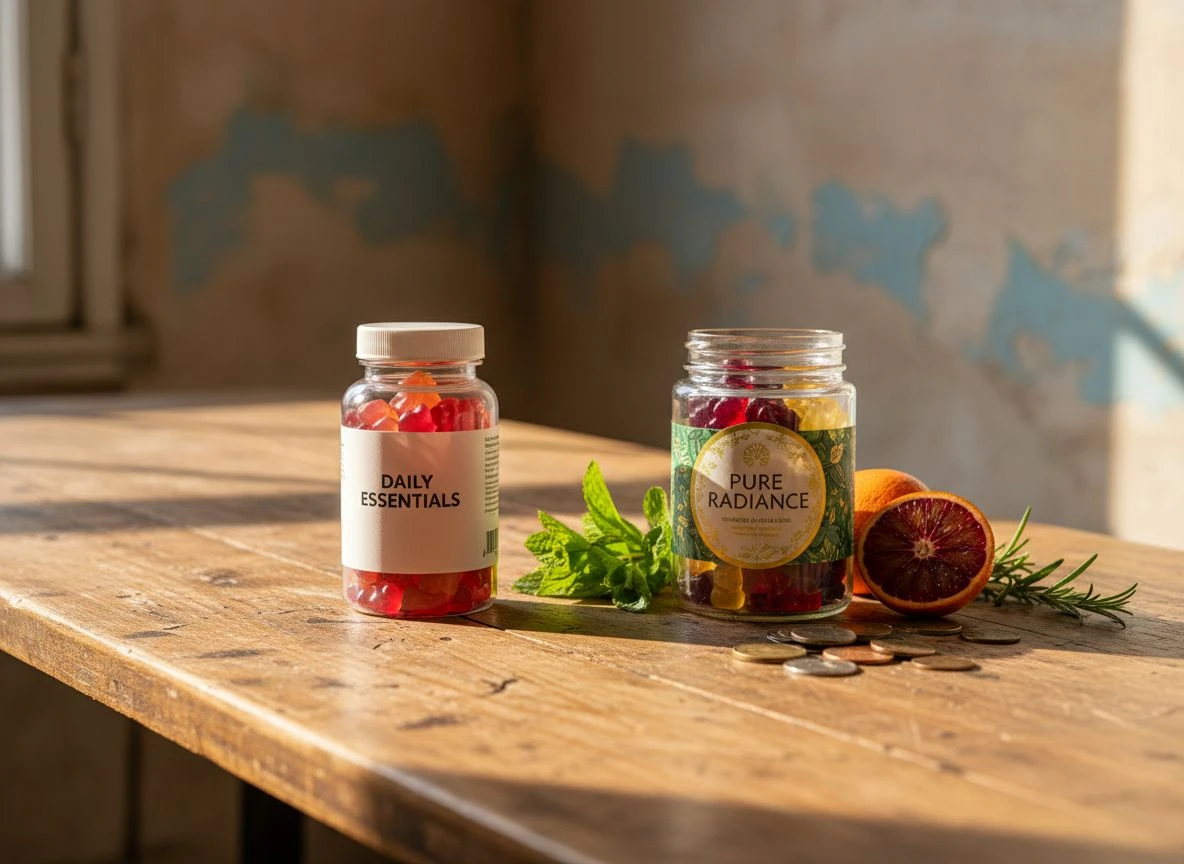 A comparison on a wooden table: a cheap gummy bottle versus a premium jar with raw ingredients, illustrating the hidden costs of supplements.