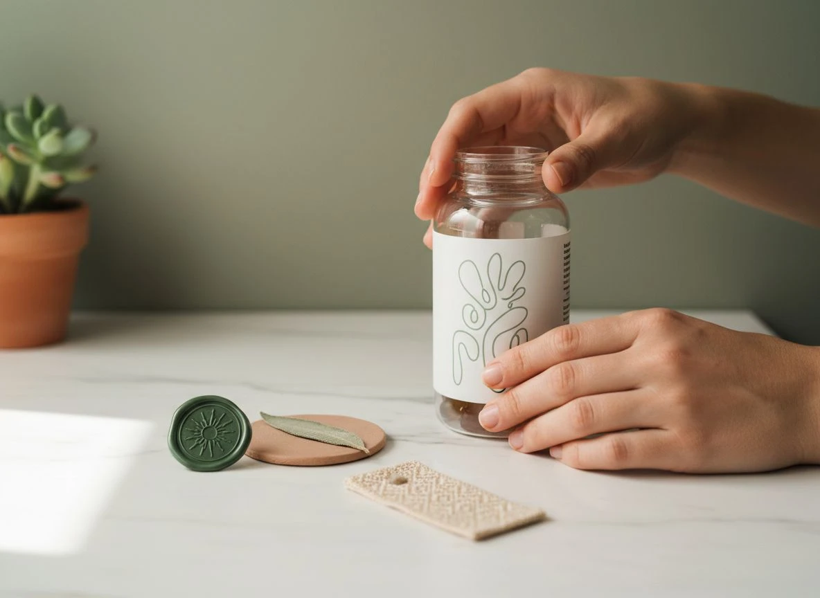 Hands placing a gummy vitamin bottle on a counter next to symbolic objects representing various quality and ethics certifications.