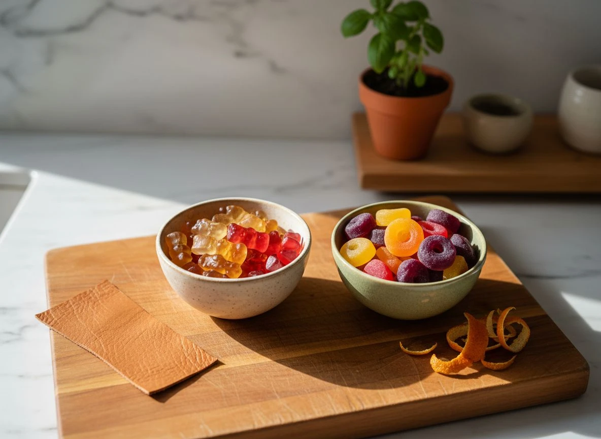 Side-by-side comparison of gelatin and pectin gummy vitamins in bowls on a wooden cutting board, with natural props hinting at their sources.