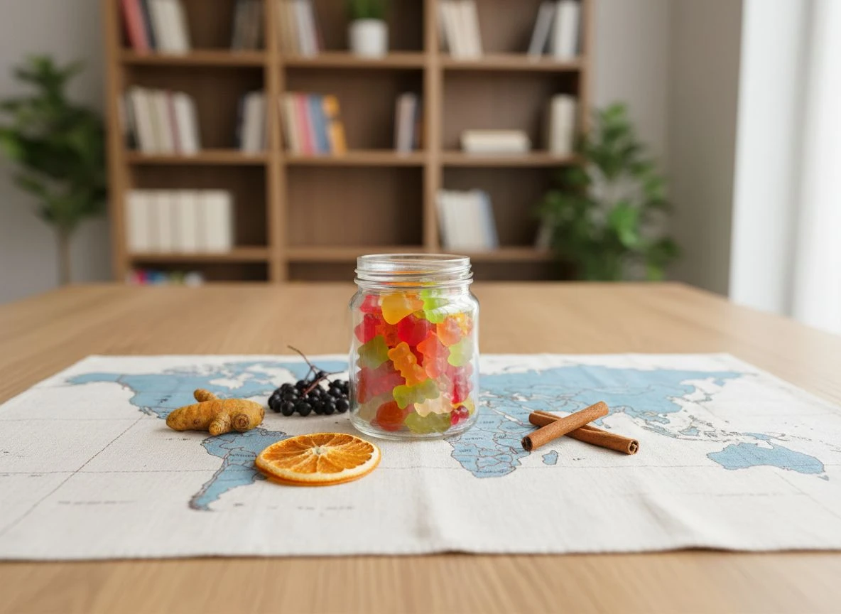 A jar of gummy vitamins on a world map with global ingredients like turmeric and elderberries scattered around it.