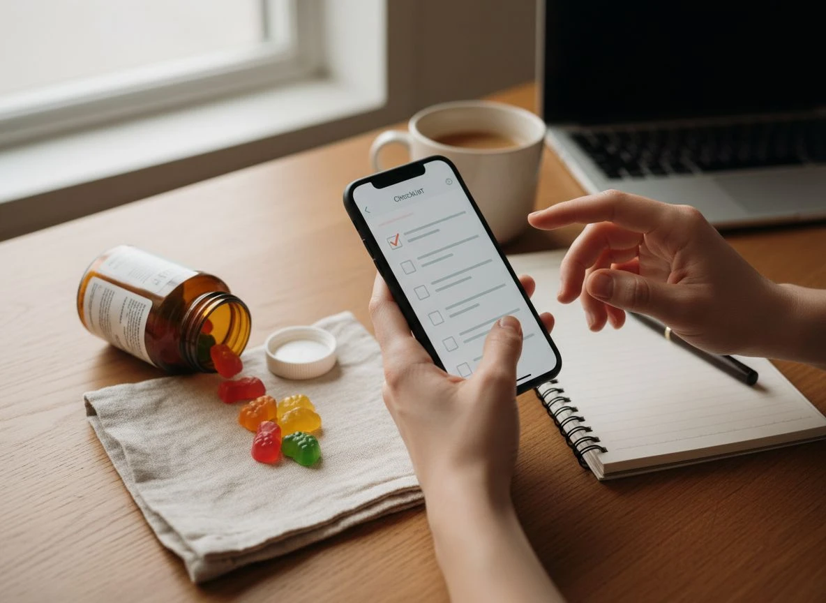 Hands using a smartphone checklist to audit an open bottle of gummy vitamins and gummies spilled on a napkin.