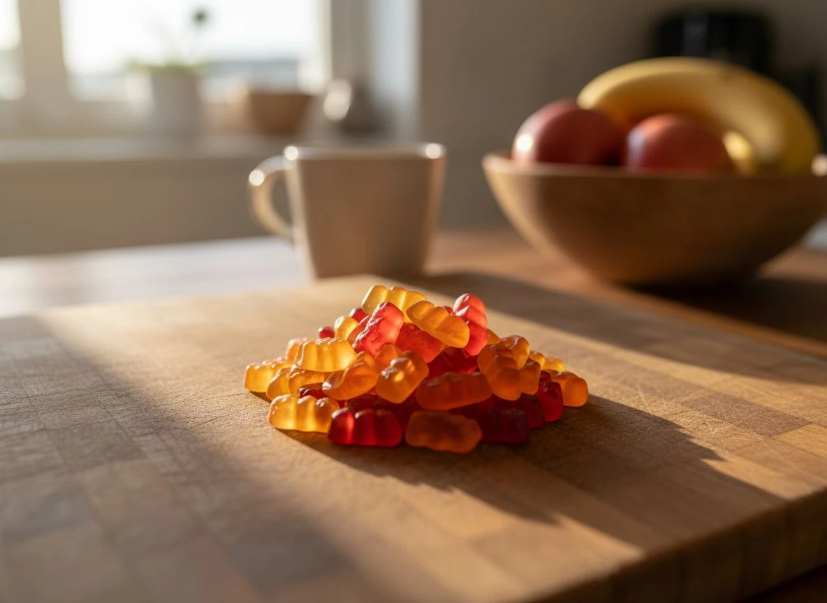 Close-up of soft, translucent gelatin gummy vitamins in orange and red, spilled on a wooden cutting board.