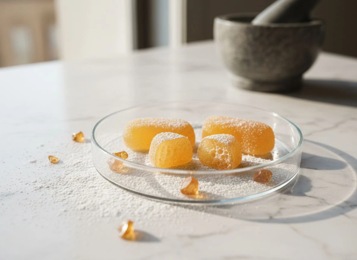 Dissected gummy vitamins with visible active ingredients like powdered minerals and vitamin C crystals.