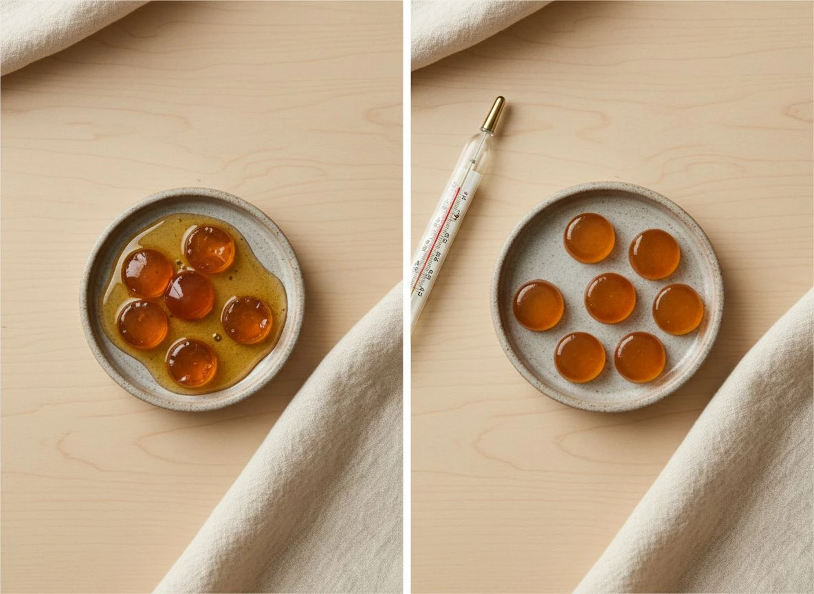 Side-by-side comparison of melting gelatin gummies and firm pectin gummies with a thermometer.