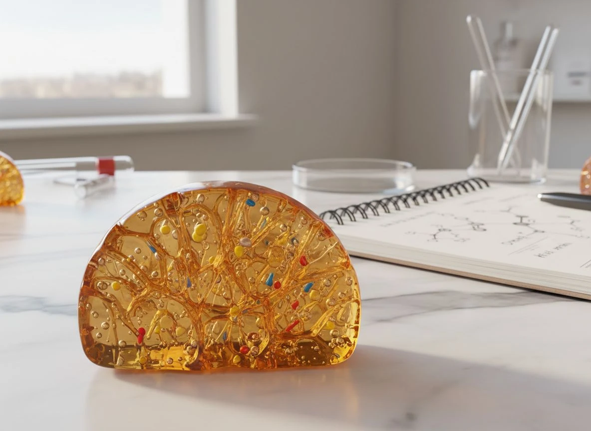 Extreme close-up cross-section of a gummy vitamin showing its internal gel network and trapped ingredients.