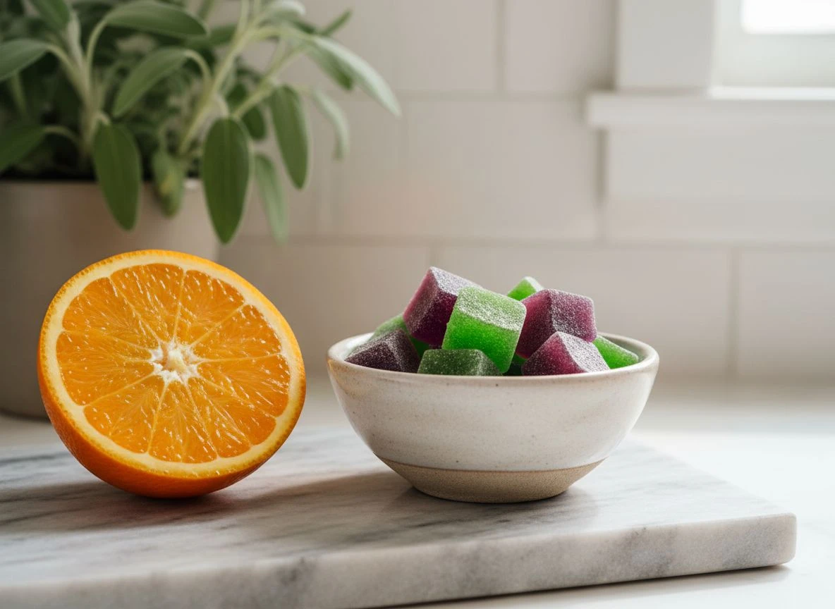 Vegan pectin gummy vitamins in a ceramic bowl next to a halved citrus fruit on a marble surface.