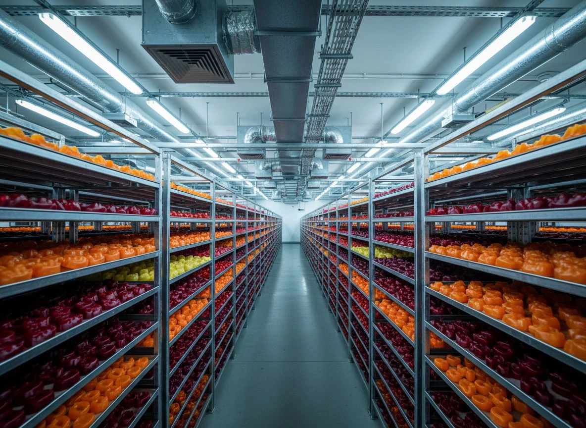 Wide view of a large, dehumidified curing room with rows of shelves holding trays of colorful gummy supplements.