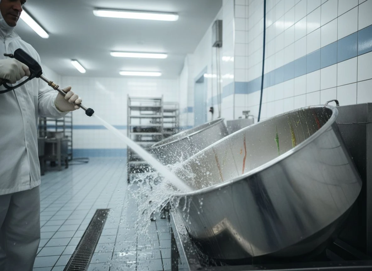 A high-pressure water hose cleaning a large stainless steel bowl in a gummy supplement factory.