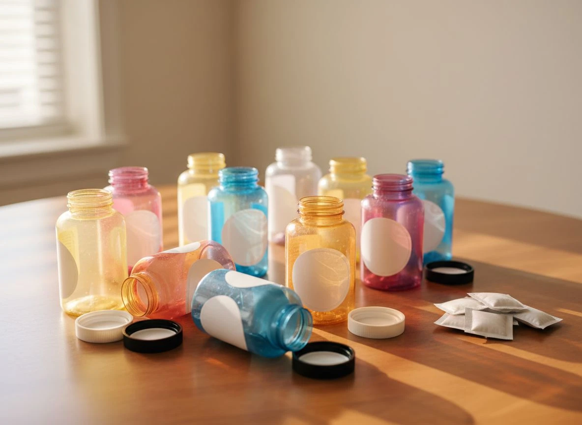 A collection of empty plastic gummy vitamin bottles and silica gel packets on a wooden surface.