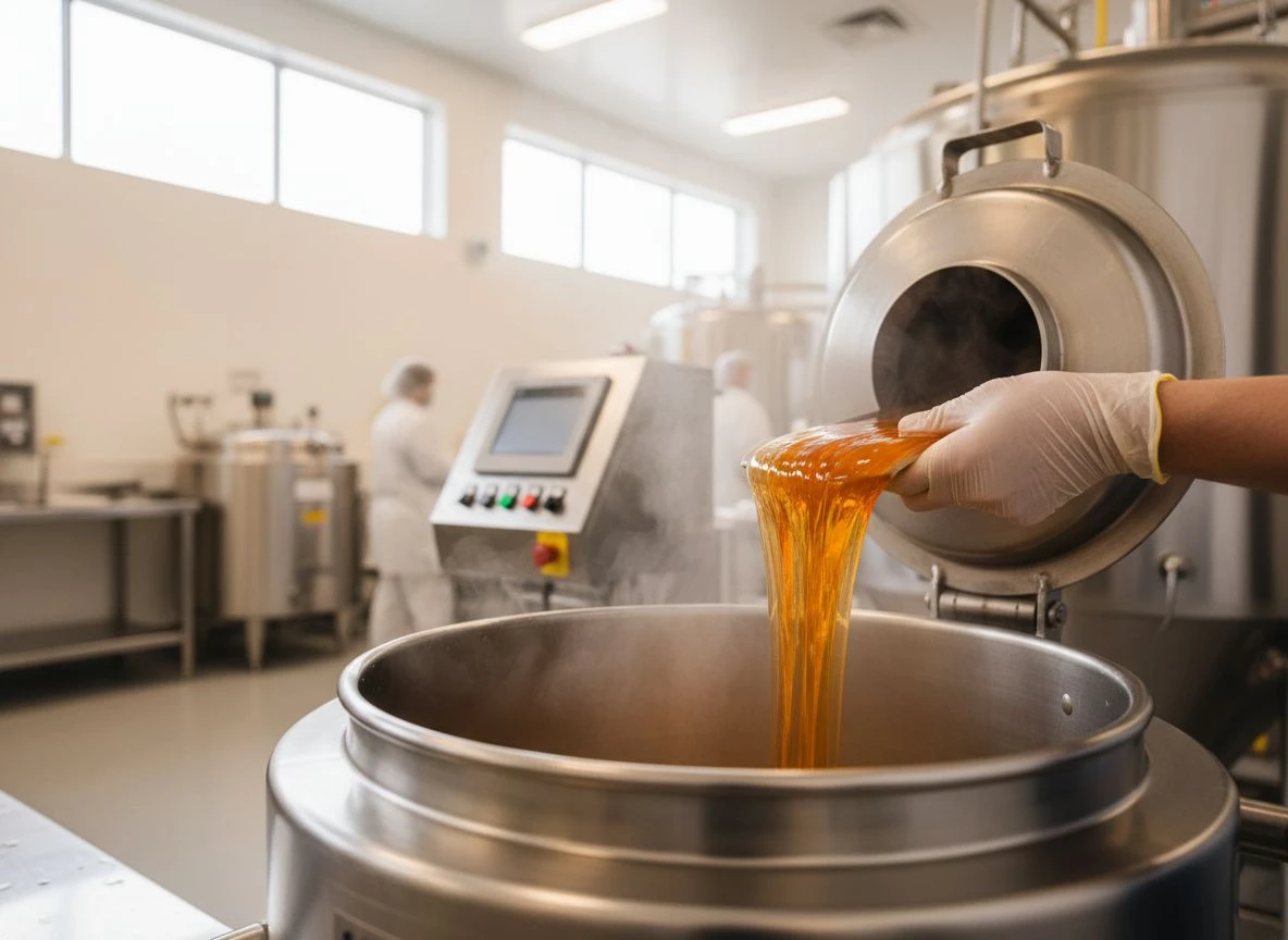 Close-up of a worker's hand filling a stainless steel industrial kettle with colorful gummy mixture in a supplement factory.