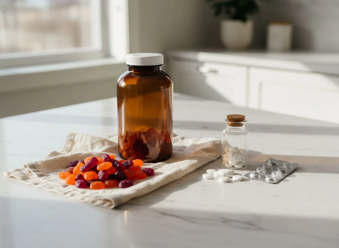A side-by-side comparison of gummy vitamins with a plastic bottle and tablet vitamins with a glass bottle on a kitchen counter.