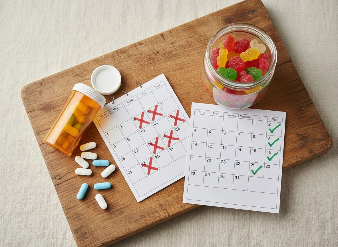Flat lay comparing a pill bottle with missed doses on a calendar to a gummy jar with consistent checkmarks.