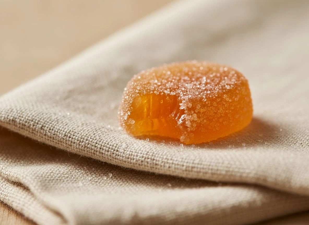 Extreme close-up of a gummy's texture with a bite mark, showing its soft, chewy interior.
