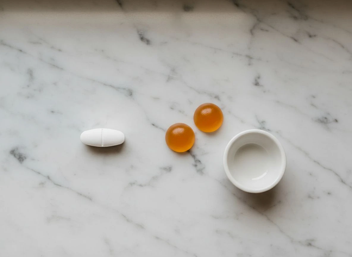 Overhead comparison of a large pill versus smaller, softer gummies on a marble surface.