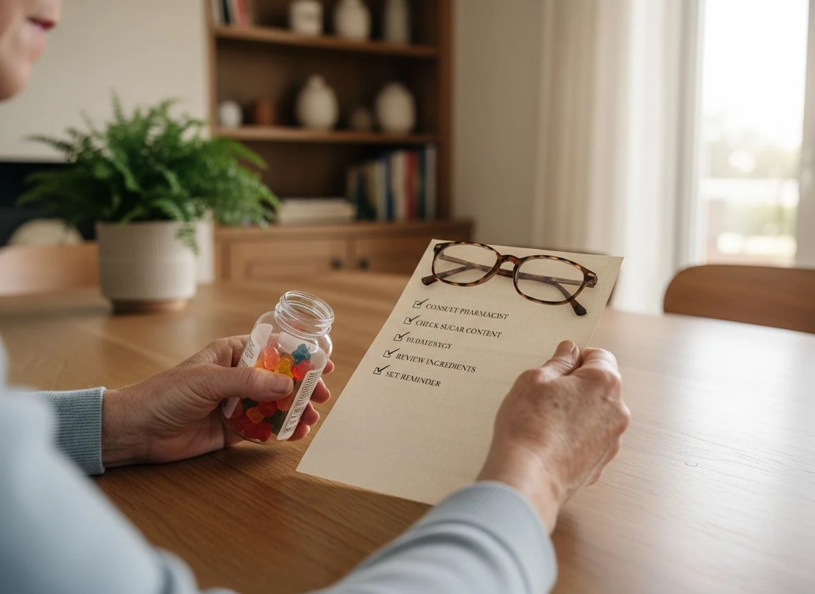 Senior hands reviewing a safety checklist with an open bottle of gummy vitamins on a wooden table.