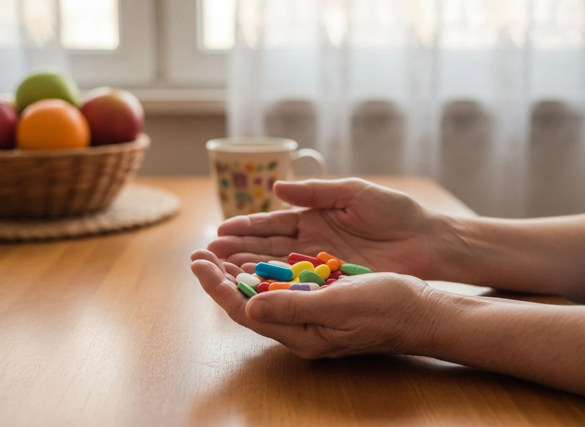 A senior's hands holding a handful of pills on a wooden kitchen table, illustrating the daily challenge of pill swallowing.